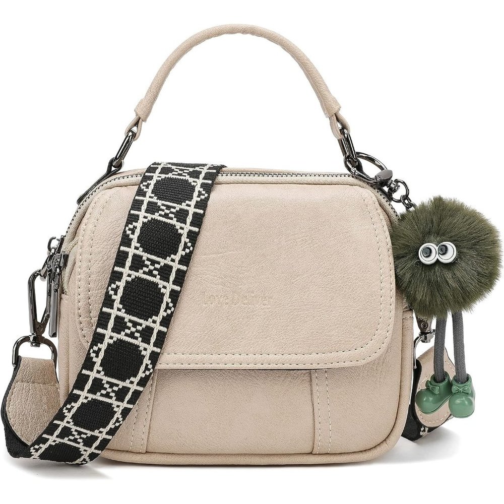 Women Beige Small Leather Crossbody Purse with 2 Detachable Straps